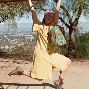 Chartreuse button up dress w/ bell short sleeves